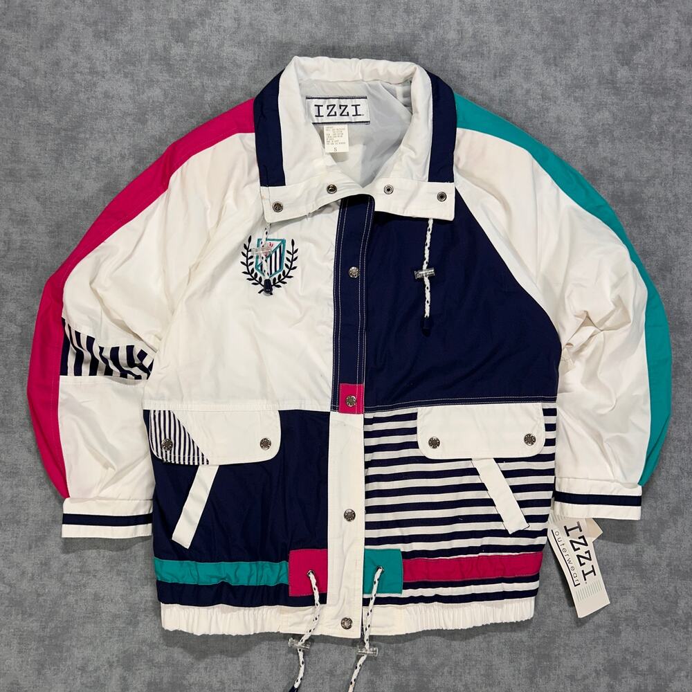 Vintage 90s IZZI Colorblock Windbreaker Jacket Womens Small Nautical NWT